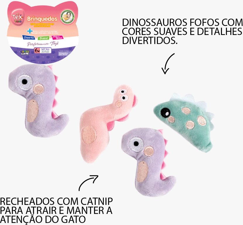 Brinquedo Pelúcia Tex Brasil Dinossauro Maluco com Catnip Sortidos para Gatos - Tam. Único