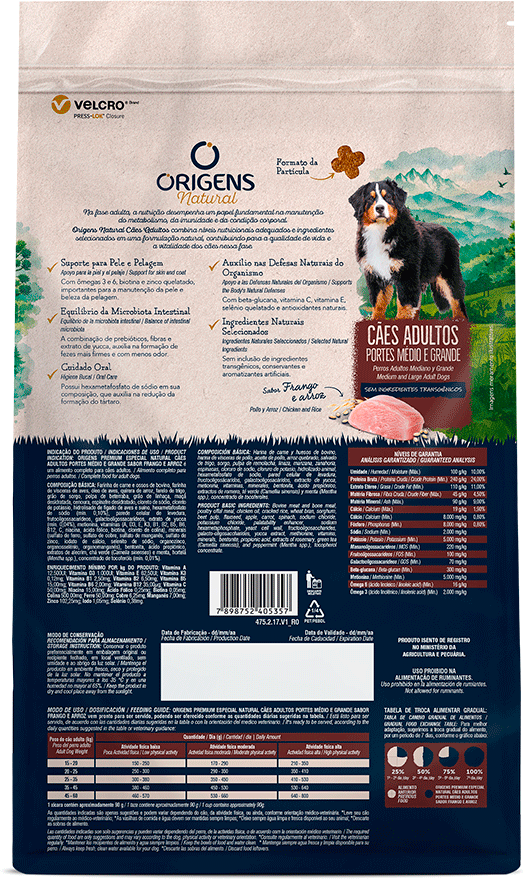 Ração Seca Origens Natural para Cães Adultos Raças Média e Grande sabor Frango e Arroz - 3Kg
