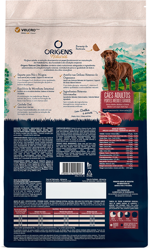 Ração Seca Origens Natural para Cães Adultos Raças Média e Grande sabor Ovelha e Arroz - 12Kg