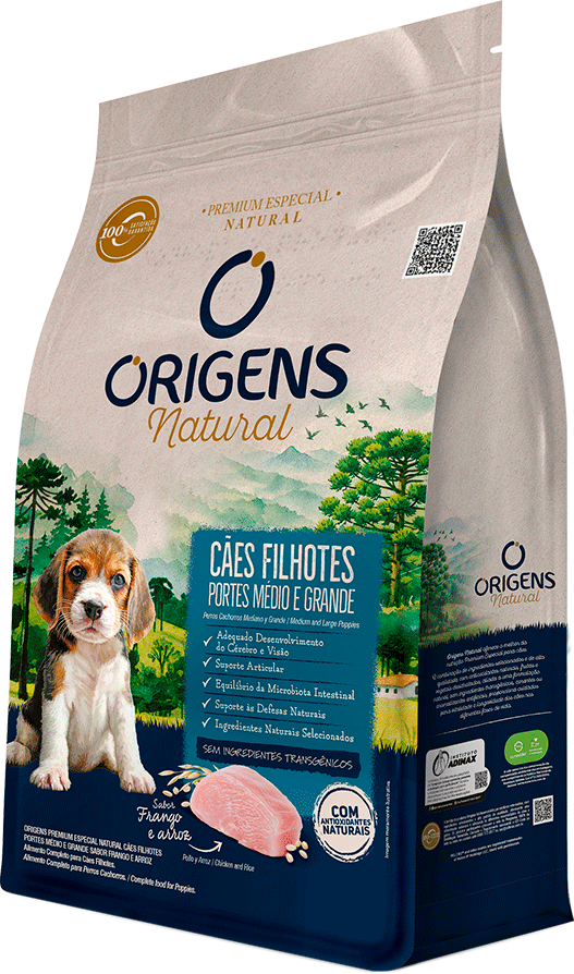 Ração Seca Origens Natural para Cães Filhotes Raças Média e Grande sabor Frango e Arroz - 12Kg