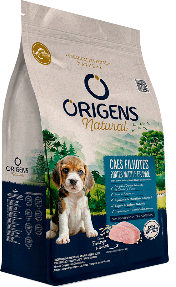 Ração Seca Origens Natural para Cães Filhotes Raças Média e Grande sabor Frango e Arroz - 12Kg