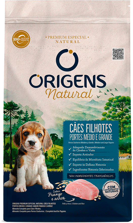 Ração Seca Origens Natural para Cães Filhotes Raças Média e Grande sabor Frango e Arroz - 12Kg