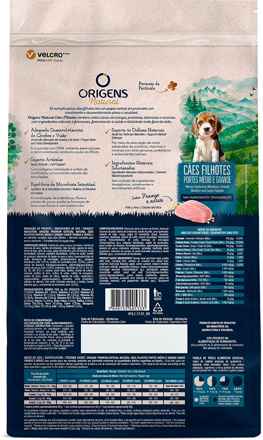 Ração Seca Origens Natural para Cães Filhotes Raças Média e Grande sabor Frango e Arroz - 12Kg