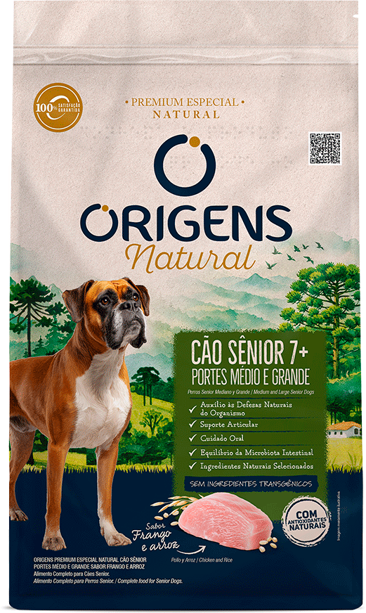 Ração Seca Origens Natural para Cães Sênior 7+ Raças Média e Grande sabor Frango e Arroz - 12Kg