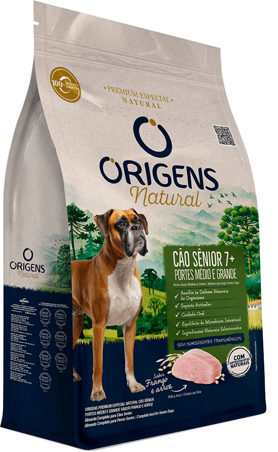 Ração Seca Origens Natural para Cães Sênior 7+ Raças Média e Grande sabor Frango e Arroz - 12Kg