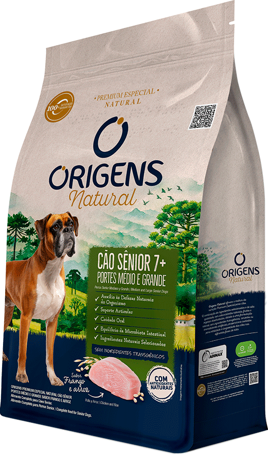 Ração Seca Origens Natural para Cães Sênior 7+ Raças Média e Grande sabor Frango e Arroz - 12Kg