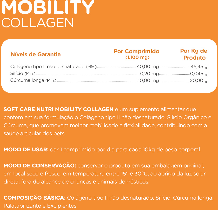 Suplemento Alimentar Soft Care Nutri Mobility Collagen para Cães e Gatos - 30 Cápsulas