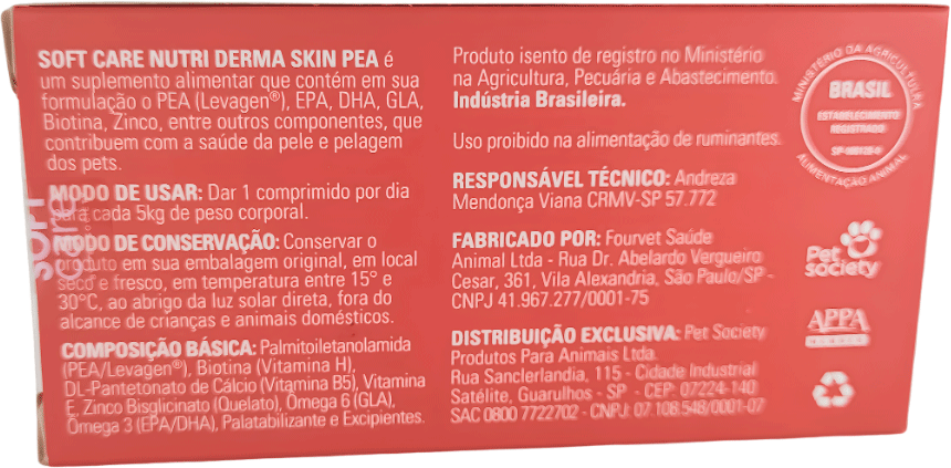 Suplemento Alimentar Soft Care Nutri Derma Skin PEA para Cães e Gatos - 30 Cápsulas