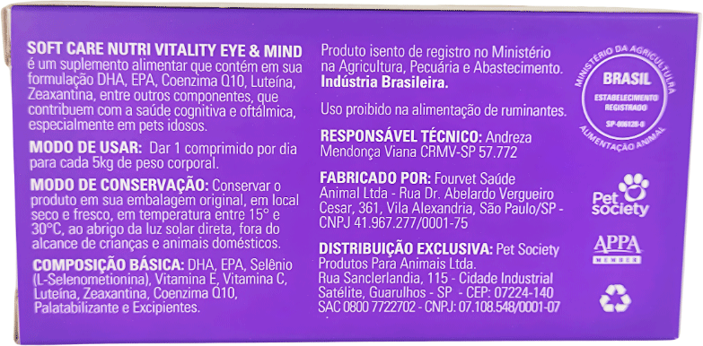 Suplemento Alimentar Soft Care Nutri Vitality Eye & Mind para Cães e Gatos - 30 Cápsulas