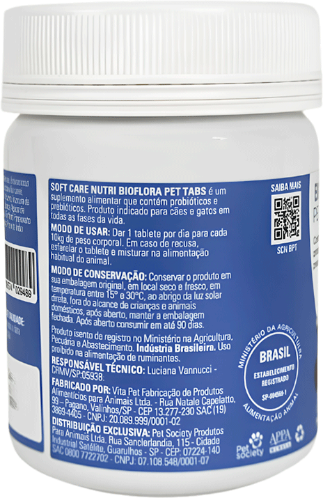Suplemento Alimentar Soft Care Nutri Bioflora Pet Tab - 30 Tabletes