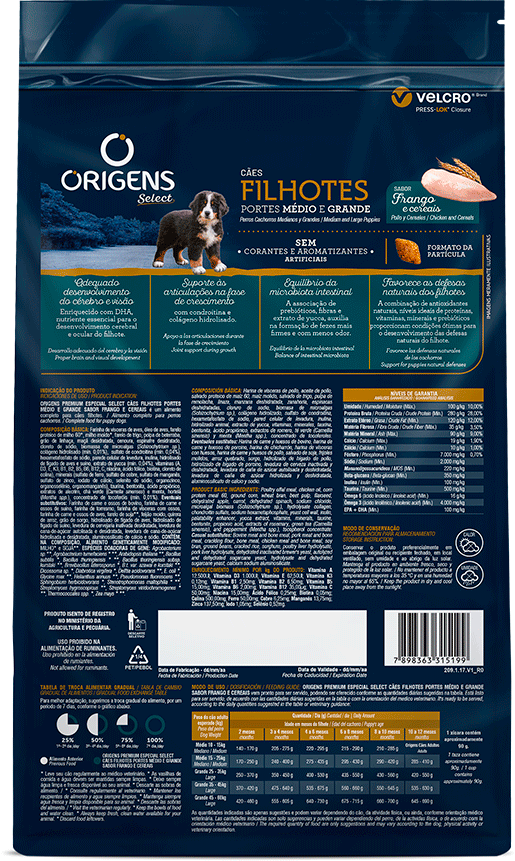 Ração Seca Origens Frango e Cereais para Cães Filhotes Raças Médias e Grandes - 15Kg