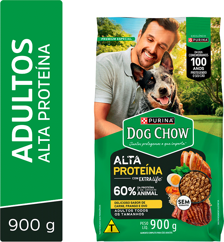 Ração Seca Purina Dog Chow Alta Proteína para Cães Adultos Todas as Raças sabor Carne, Frango e Ovo - 900 g