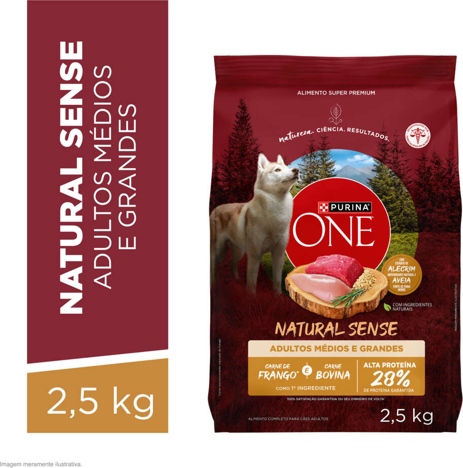Ração Seca Purina One Natural Sense para Cães Adultos Raças Média e Grande sabor Frango e Carne - 2,5Kg