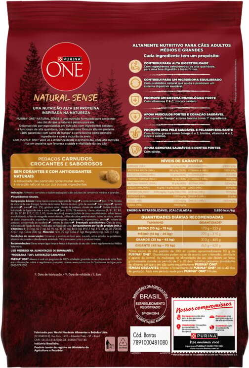 Ração Seca Purina One Natural Sense para Cães Adultos Raças Média e Grande sabor Frango e Carne - 2,5Kg