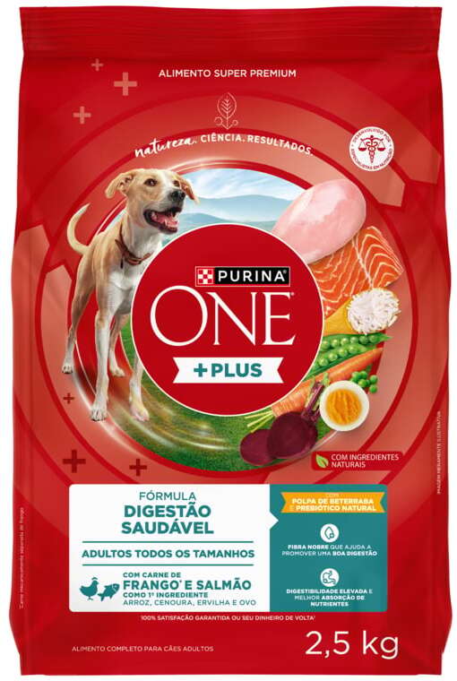 Ração Seca Purina One Plus Digestão Saudável para Cães Adultos Todas as Raças sabor Frango e Salmão - 2,5Kg