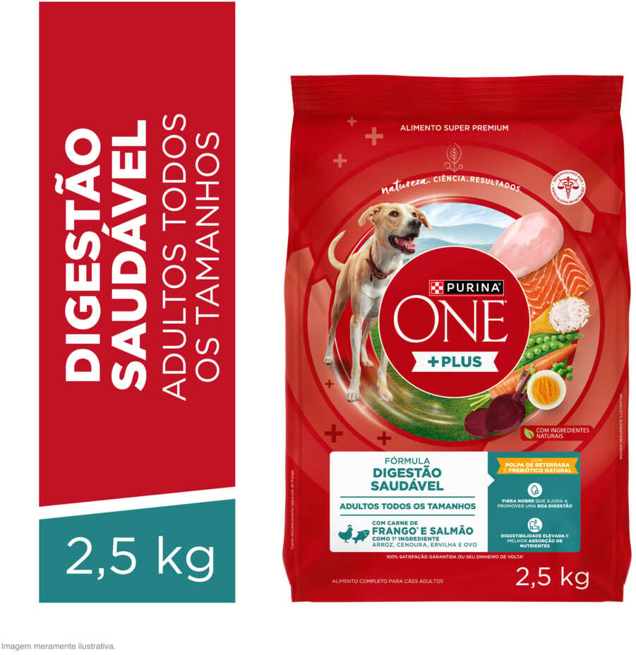Ração Seca Purina One Plus Digestão Saudável para Cães Adultos Todas as Raças sabor Frango e Salmão - 2,5Kg