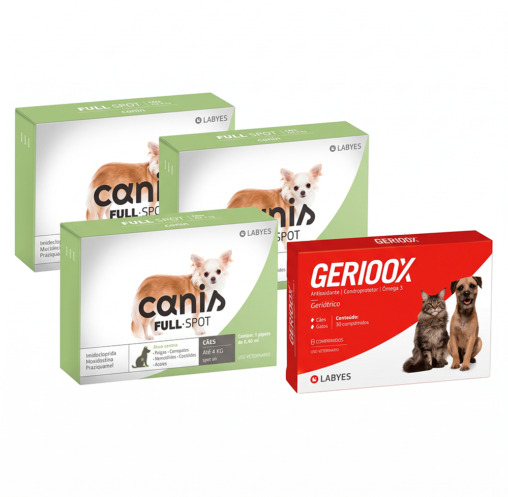 Kit Antioxidante Gerioox + Antiparasitário Canis Full Spot 40mg para Cães de 1 a 4Kg - 30 Comprimidos + 3 Pipetas
