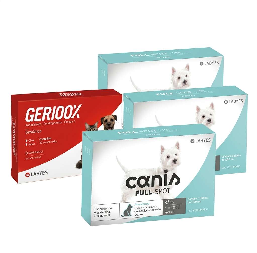 Kit Antioxidante Gerioox + Antiparasitário Canis Full Spot 100mg para Cães de 5 a 10Kg - 30 Comprimidos + 3 Pipetas