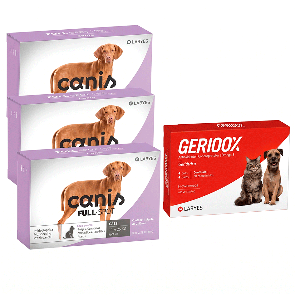Kit Antioxidante Gerioox + Antiparasitário Canis Full Spot 250mg para Cães de 11 a 25Kg - 30 Comprimidos + 3 Pipetas