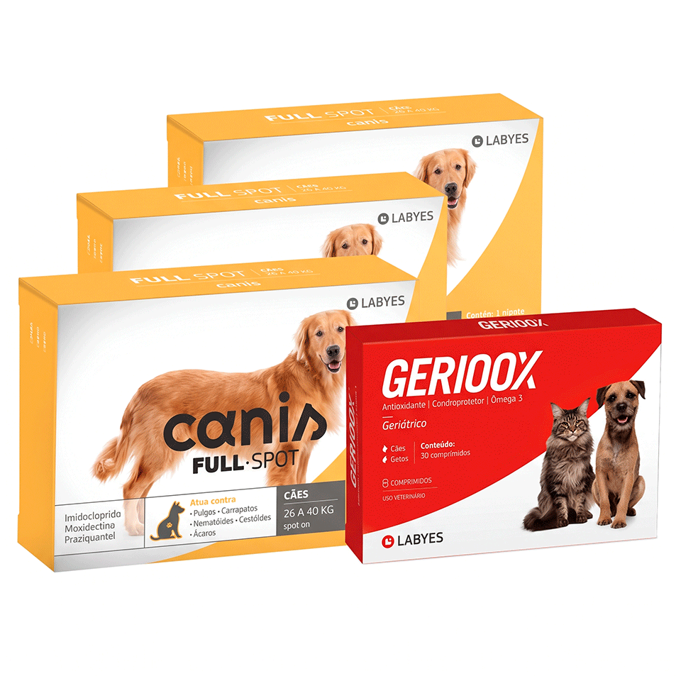 Kit Antioxidante Gerioox + Antiparasitário Canis Full Spot 400mg para Cães de 26 a 40Kg - 30 Comprimidos + 3 Pipetas