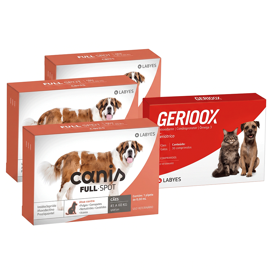 Kit Antioxidante Gerioox + Antiparasitário Canis Full Spot 600mg para Cães de 41 a 60Kg - 30 Comprimidos + 3 Pipetas