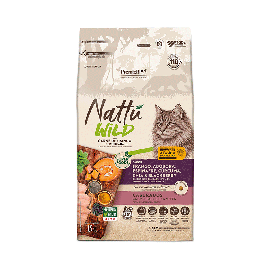 Ração Seca Premier Nattu Wild para Gatos Adultos Castrados sabor Abóbora - 1,5Kg