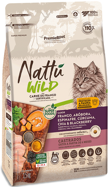 Ração Seca Premier Nattu Wild para Gatos Adultos Castrados sabor Abóbora - 1,5Kg