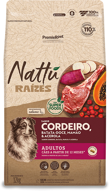Ração Seca Nattu Raízes para Cães Adultos Raças Médias e Grandes Sabor Cordeiro - 12Kg