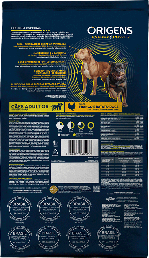 Ração Seca Origens Energy Power para Cães Adultos Sabor Frango e Batata Doce - 15Kg
