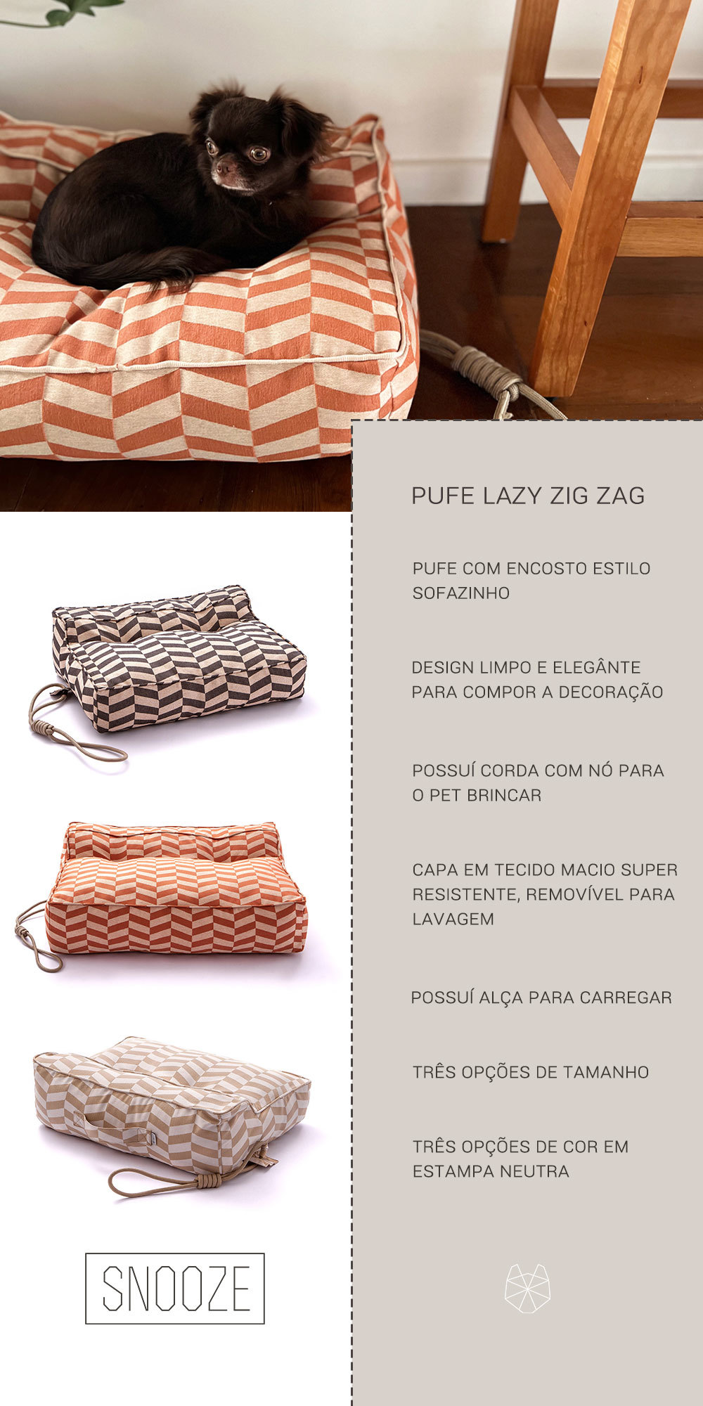 Encontre Cama Snooze Pufe Lazy Zig-Zag Champagne com entrega para todo o Brasil na Petlove. Te ajudamos a cuidar do seu pet como ele merece!