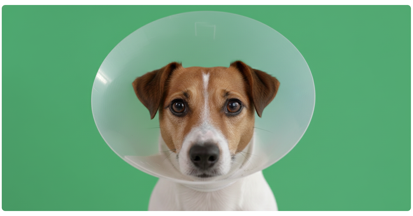 Cachorro com colar elizabetano após cirurgia de castração